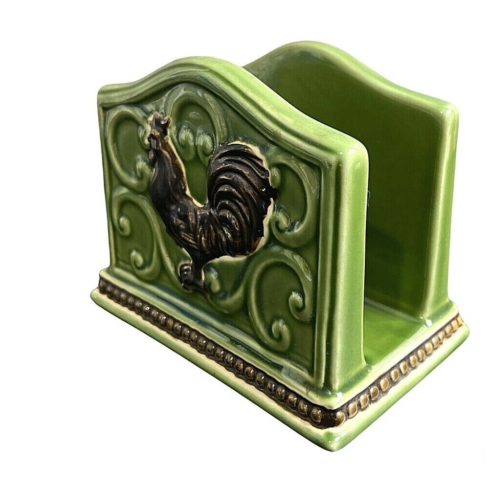 Rooster Embossed Green & Brown Ceramic Napkin Holder Farm House Cracker Barrel